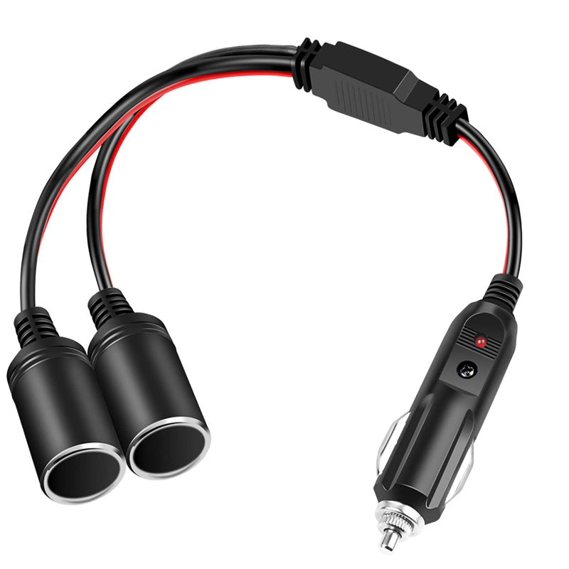 ELECTOP 1 to 2 Car Cigarette Lighter Splitter Adapter Power Charger Port, 12V 24V Plug Socket 2-Way Splitter Y Adapter, 10 inch 16AWG Cigarette Lighter Extension Cord with 15A Fuse - Image 1